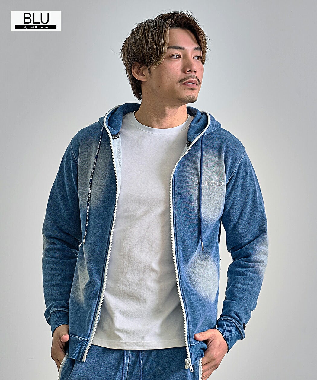 LUXE／R(ラグジュ)ラインストーンロゴカットデニムジップパーカー/全2色