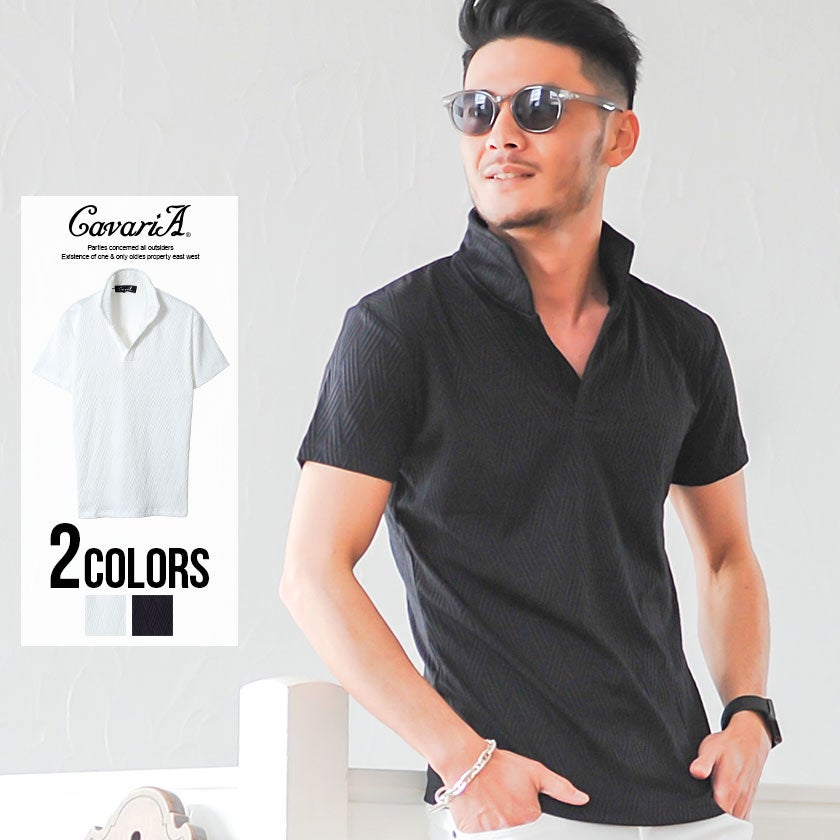  CavariA(キャバリア)ストレッチバイアス柄半袖ポロシャツ/全2