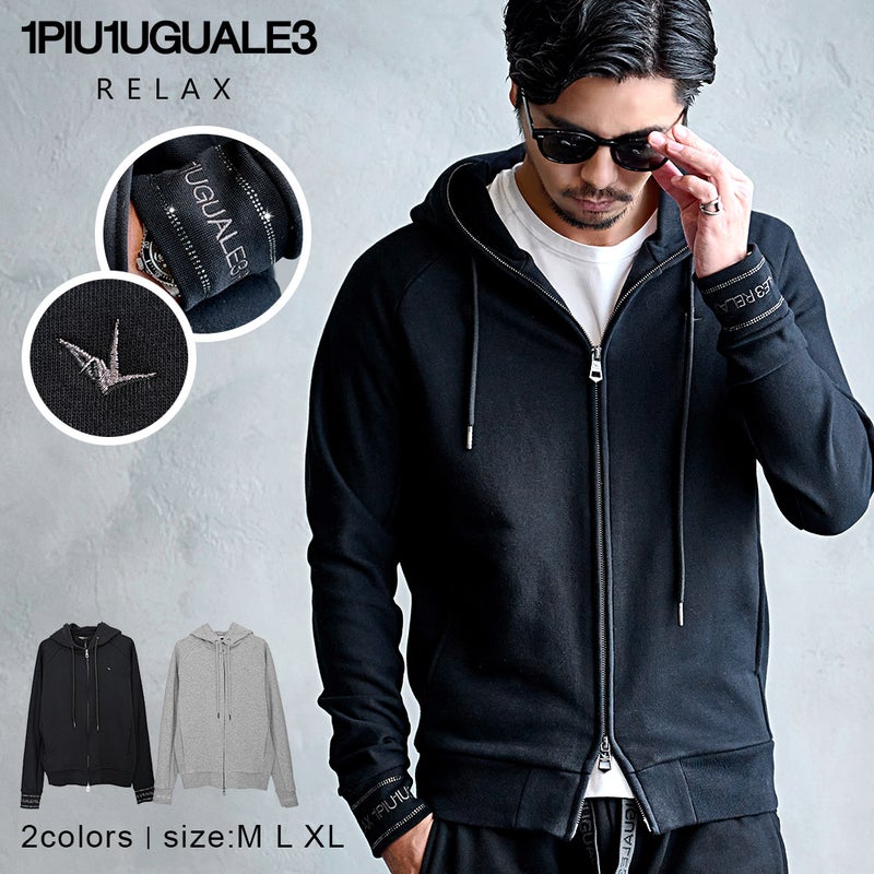 1PIU1UGUALE3 RELAX【ウノピゥウノウグァーレトレ リラックス】CVC GLOSSY EMBROIDERED LOGO ON CUFFS HOODIE/全2色