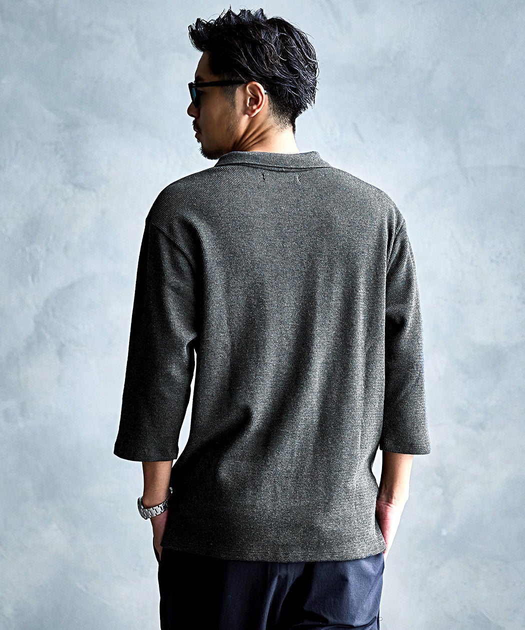 CavariA【キャバリア】 ハニカムワッフル7分袖スキッパーポロシャツ