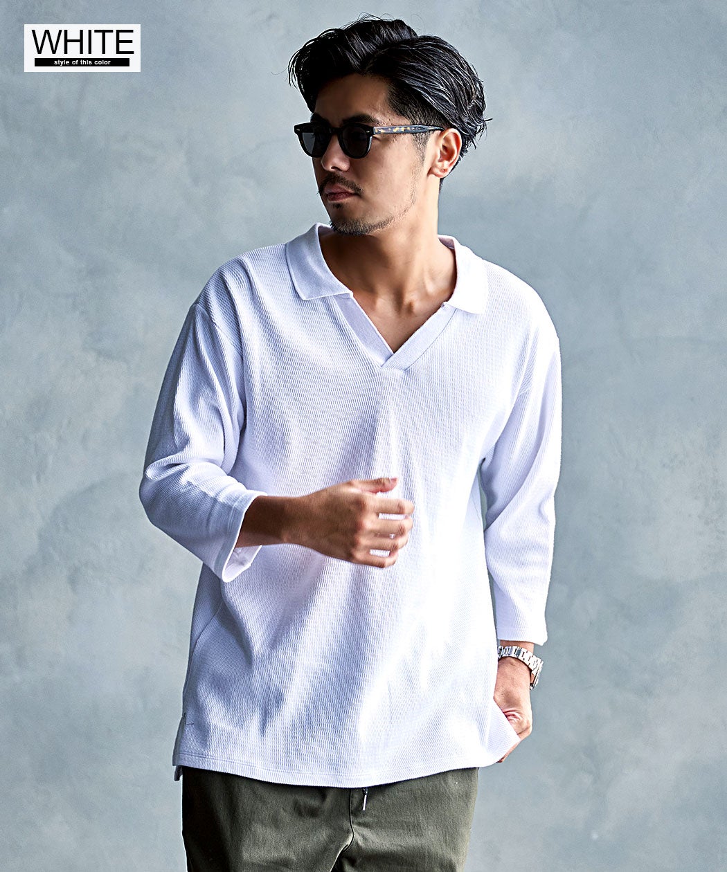CavariA【キャバリア】 ハニカムワッフル7分袖スキッパーポロシャツ