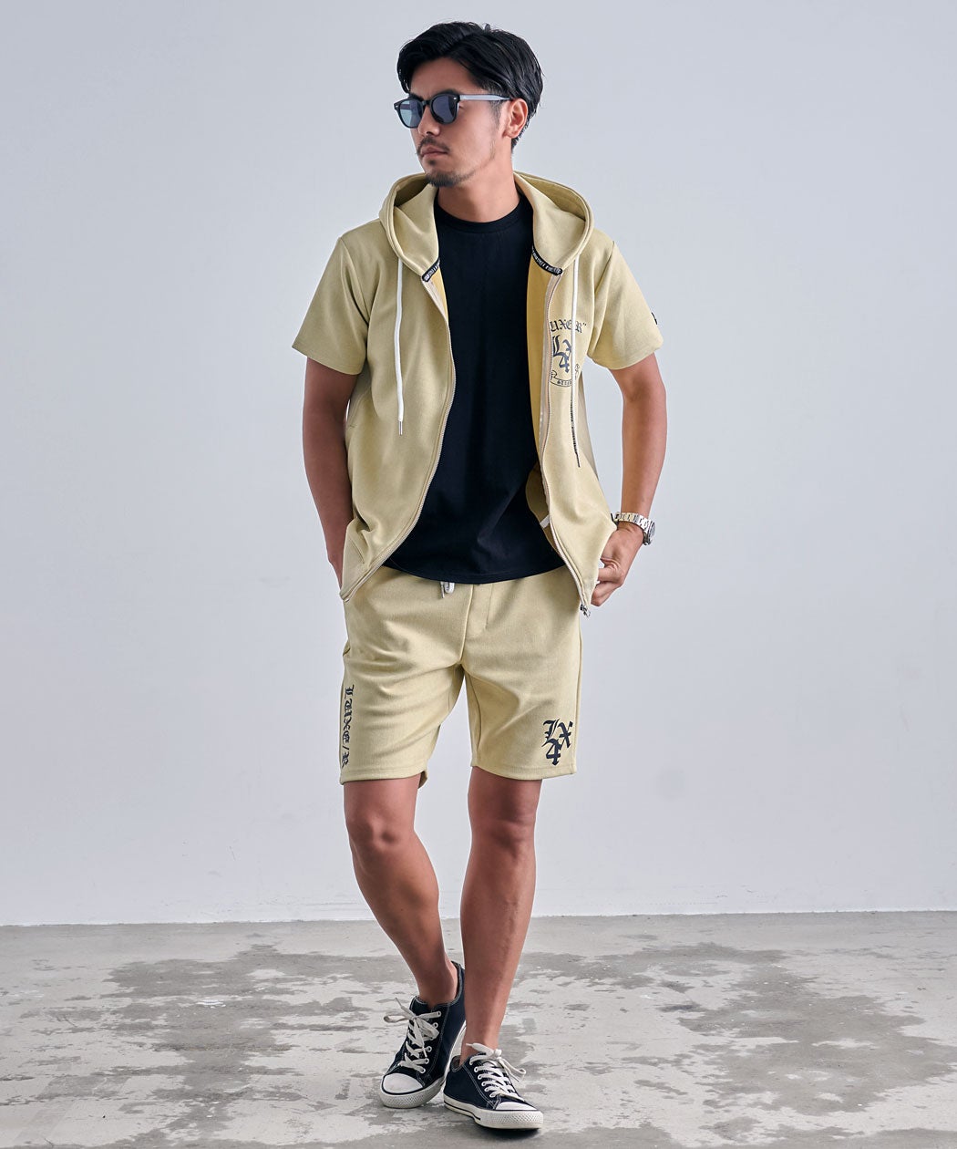 パーリーゲーツ　ベージュ 半袖パーカー LUXE／R(ラグジュ)背中プリントマイクロスウェード半袖パーカー