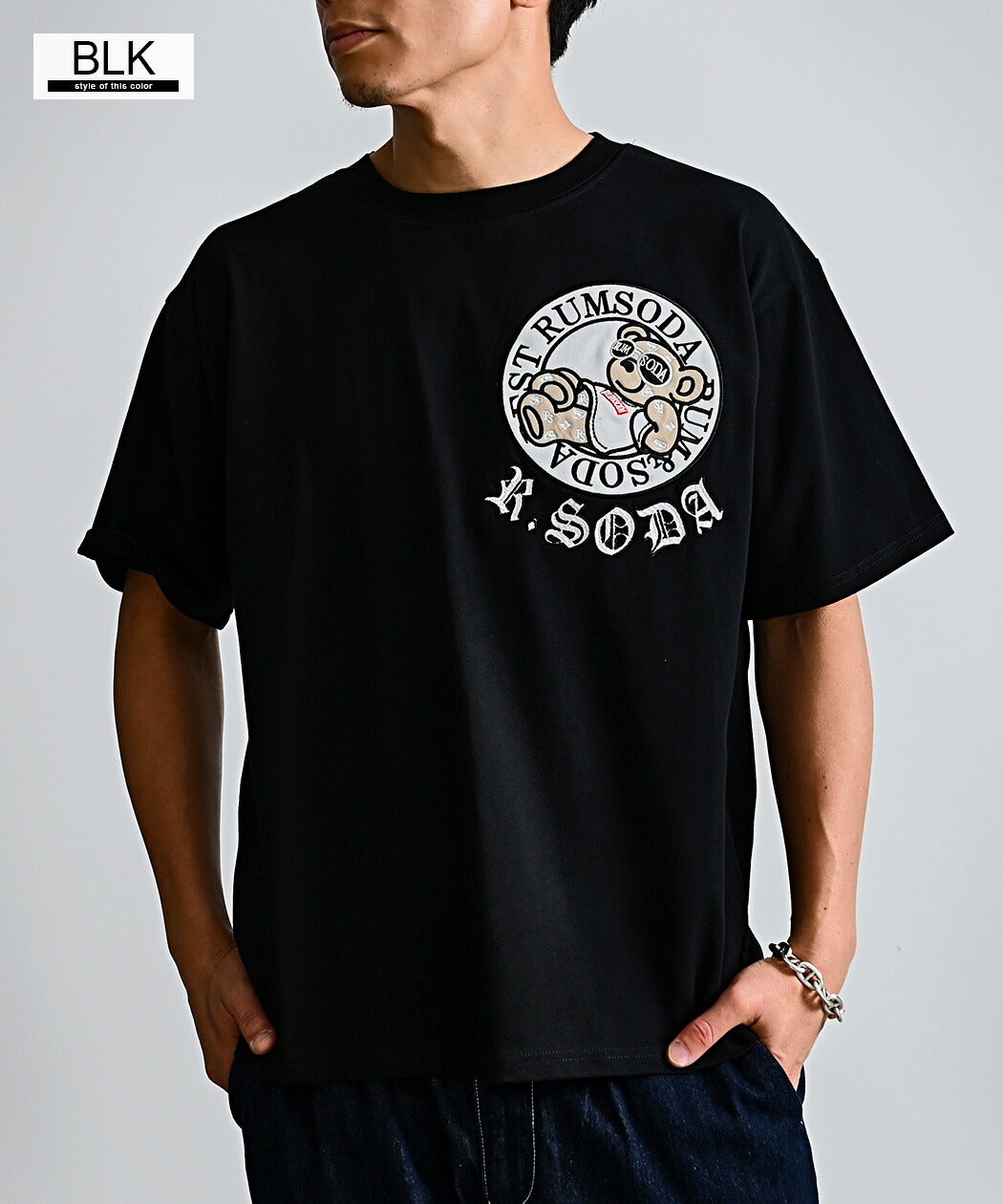 RUMSODA(ラムソーダ)天竺ツイルアップリケ刺繍セミIGクルー半袖Tシャツ